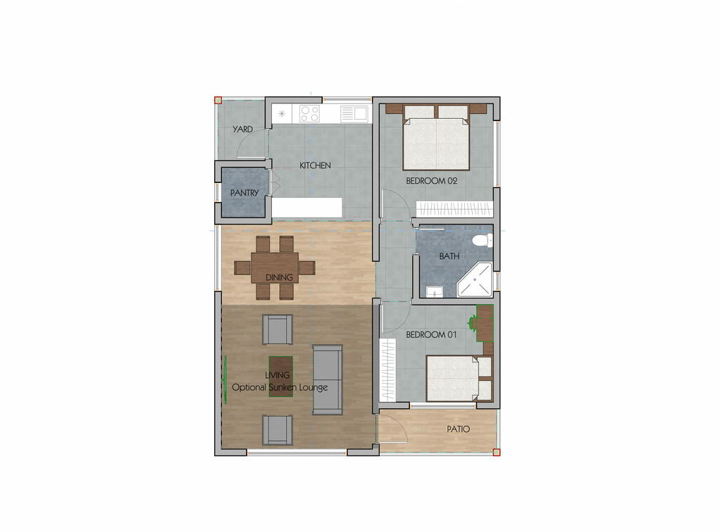 Architectural floor plan NEW.png for 2 Bedroom Bungalow -ID 2112 with 2 bedrooms and 1 bathrooms. ( bungalow )