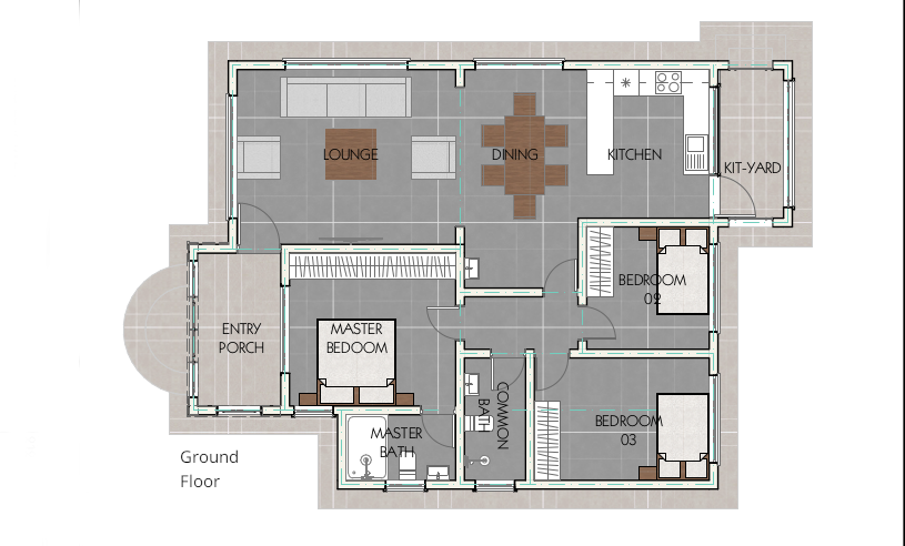 Architectural floor plan 31181-plan.png for 3 Bed Bungalow - ID 31181 with 3 bedrooms and 2 bathrooms. ( bungalow )