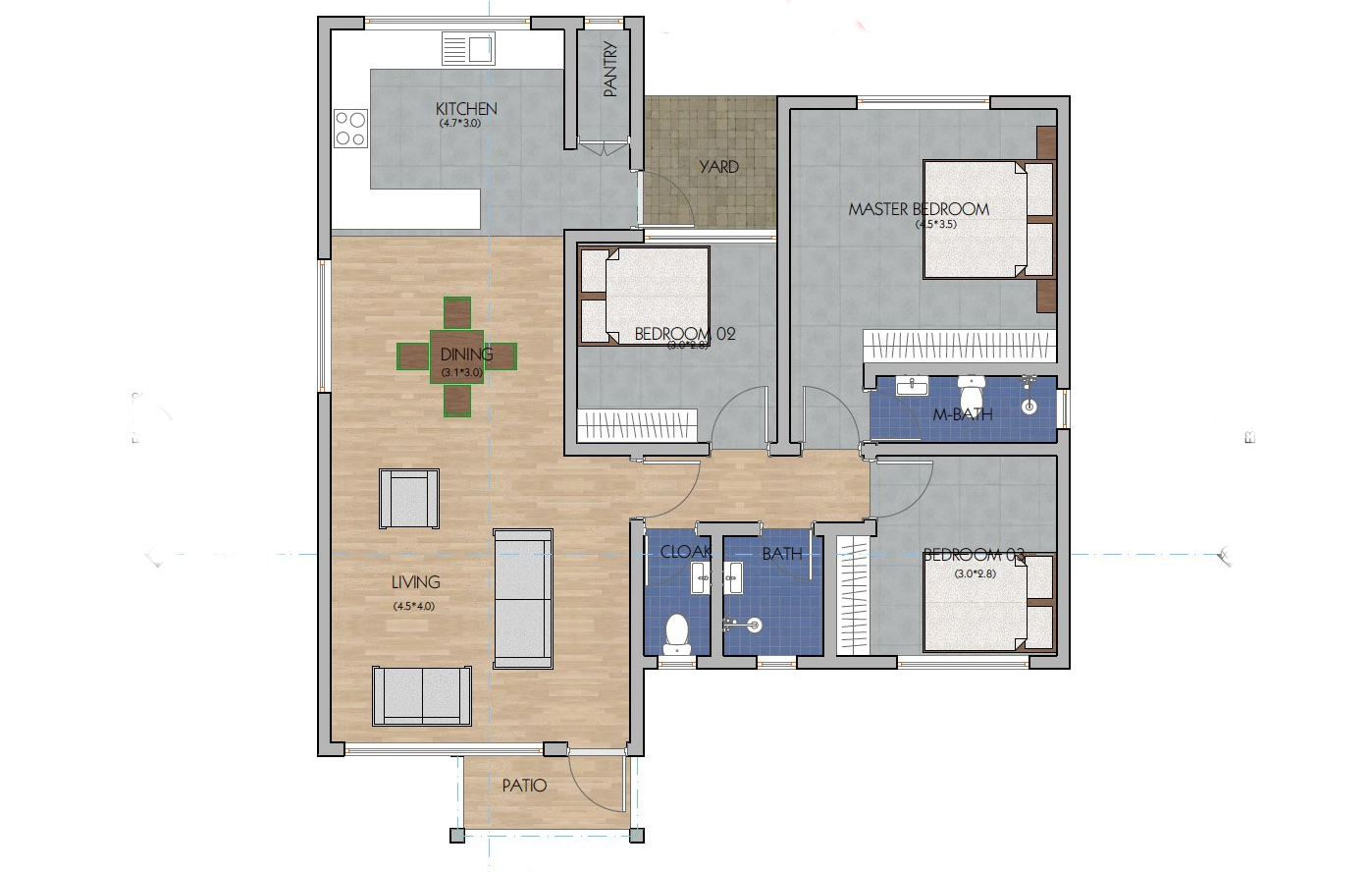 Architectural floor plan 3Bed3131_4Jl8rUj.original.png for 3 Bedroom Bungalow -ID 3131 with 3 bedrooms and 2 bathrooms. ( bungalow )