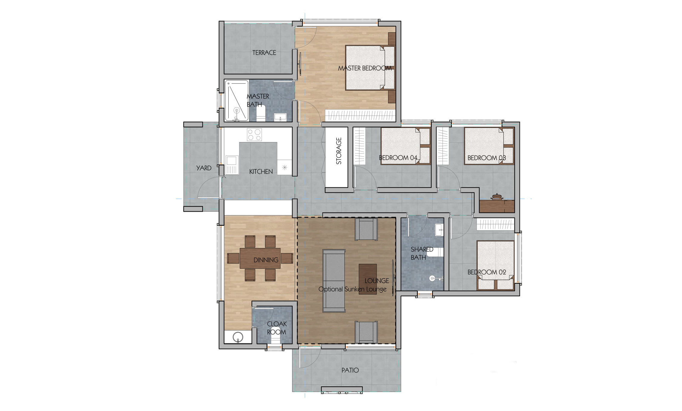 Architectural floor plan 4152.jpg for 4 Bedroom Bungalow -ID 4152 with 4 bedrooms and 2 bathrooms. ( bungalow )