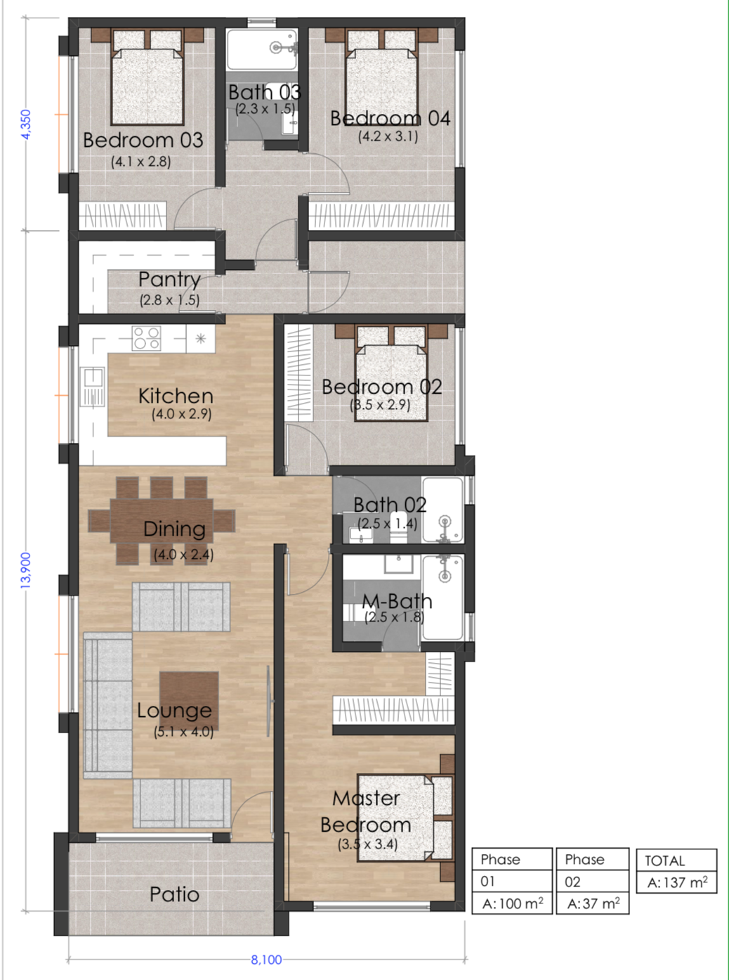 Architectural floor plan 4181-floor-plan-complete for Inuua Chapchap 4181 with 4 bedrooms and 2 bathrooms. ( jengapolepole )