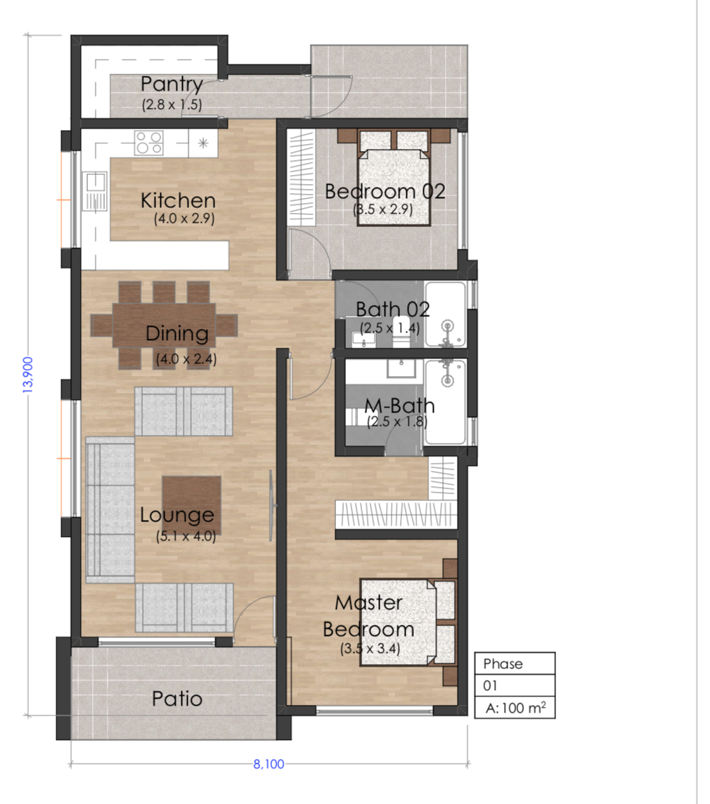 Architectural floor plan 4181-floor-plan-phase 1 for Inuua Chapchap 4181 with 4 bedrooms and 2 bathrooms. ( jengapolepole )