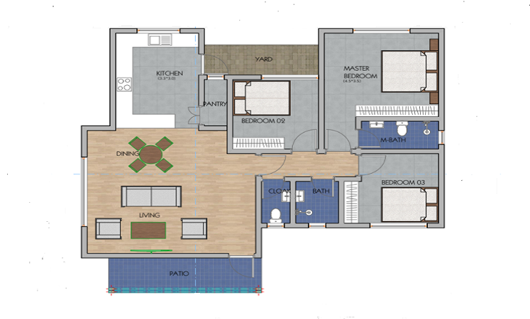 Architectural floor plan 3Bed3162.jpg for 3 Bedroom Bungalow - ID 3162 with 3 bedrooms and 2 bathrooms. ( bungalow )