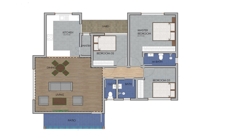 Architectural floor plan 3162-ground.png for 3 Bed Bungalow -ID 3161 with 3 bedrooms and 2 bathrooms. ( bungalow )