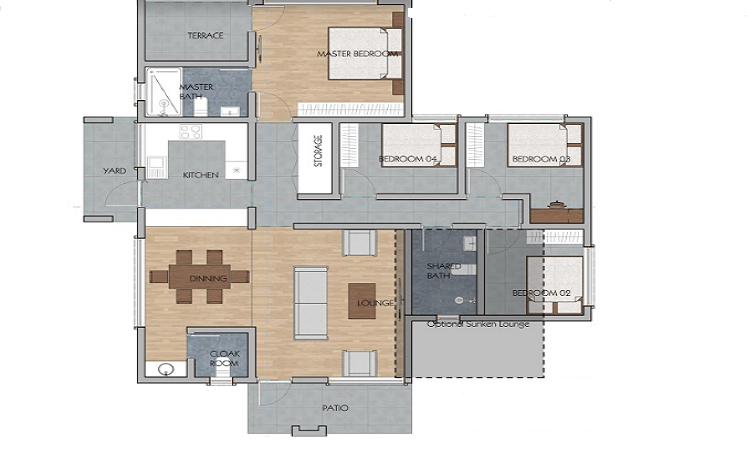 Architectural floor plan 4Bed4151.jpg for 4 Bedroom Bungalow - ID 4151 with 4 bedrooms and 2 bathrooms. ( bungalow )