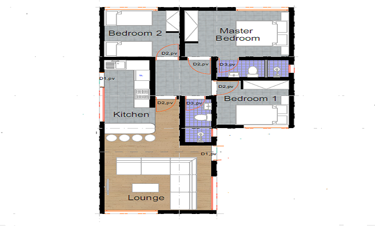 Architectural floor plan 31171.jpg for 3 Bedroom Bungalow - ID 31171 with 3 bedrooms and 2 bathrooms. ( bungalow )