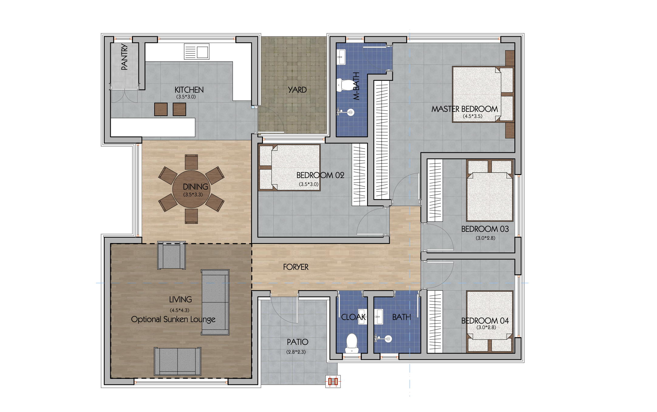 Architectural floor plan 4bed4111.jpg for 4 Bedroom Bungalow -ID 4111 with 4 bedrooms and 2 bathrooms. ( bungalow )