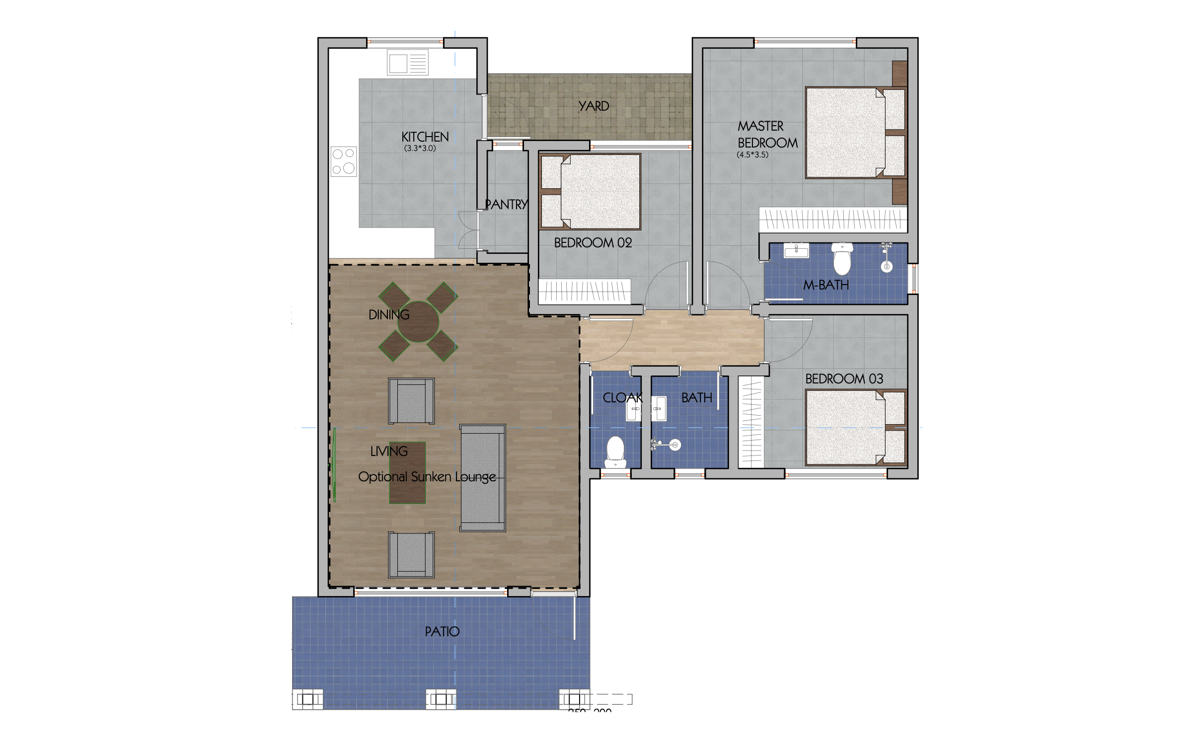 Architectural floor plan 3bed3163.jpg for 3 Bedroom Bungalow - ID 3163 with 3 bedrooms and 2 bathrooms. ( bungalow )
