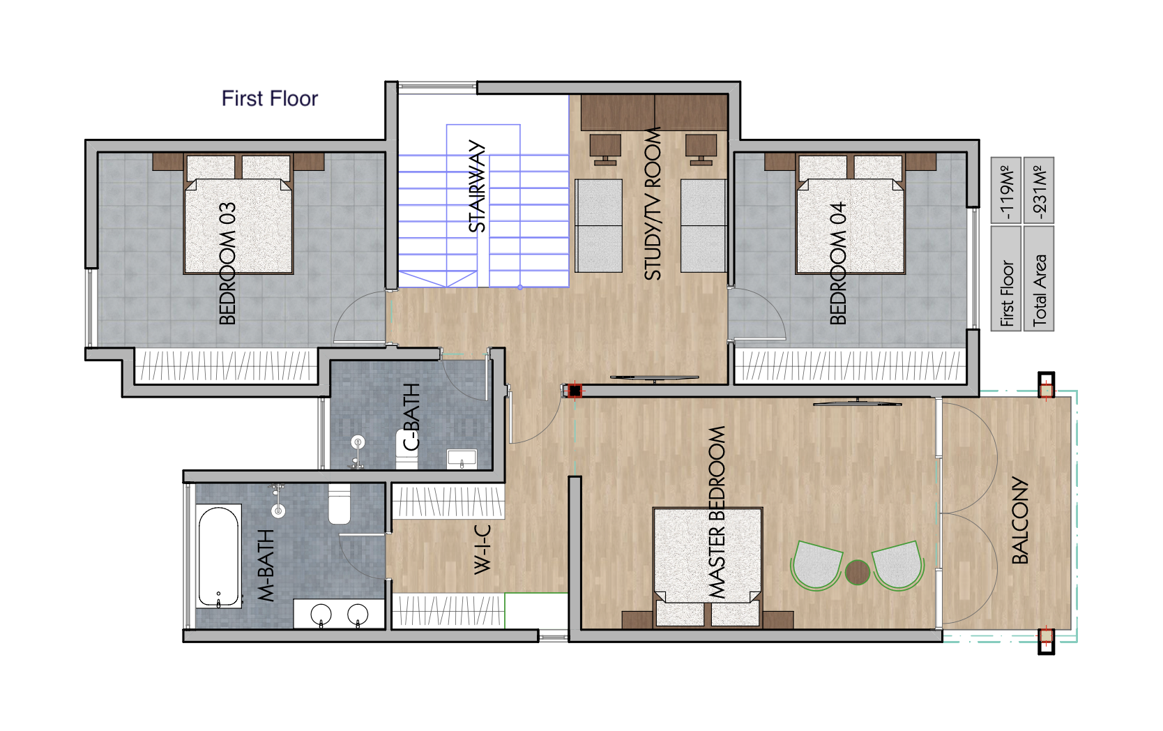 Architectural floor plan 4231 for 4 Bedroom Maisonatte ID - 4231 with 4 bedrooms and 3 bathrooms. ( maisonette )