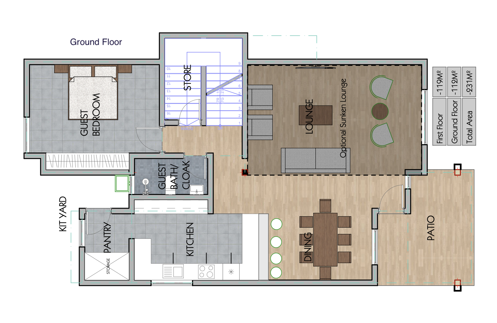Architectural floor plan 4231-ground for 4 Bedroom Maisonatte ID - 4231 with 4 bedrooms and 3 bathrooms. ( maisonette )