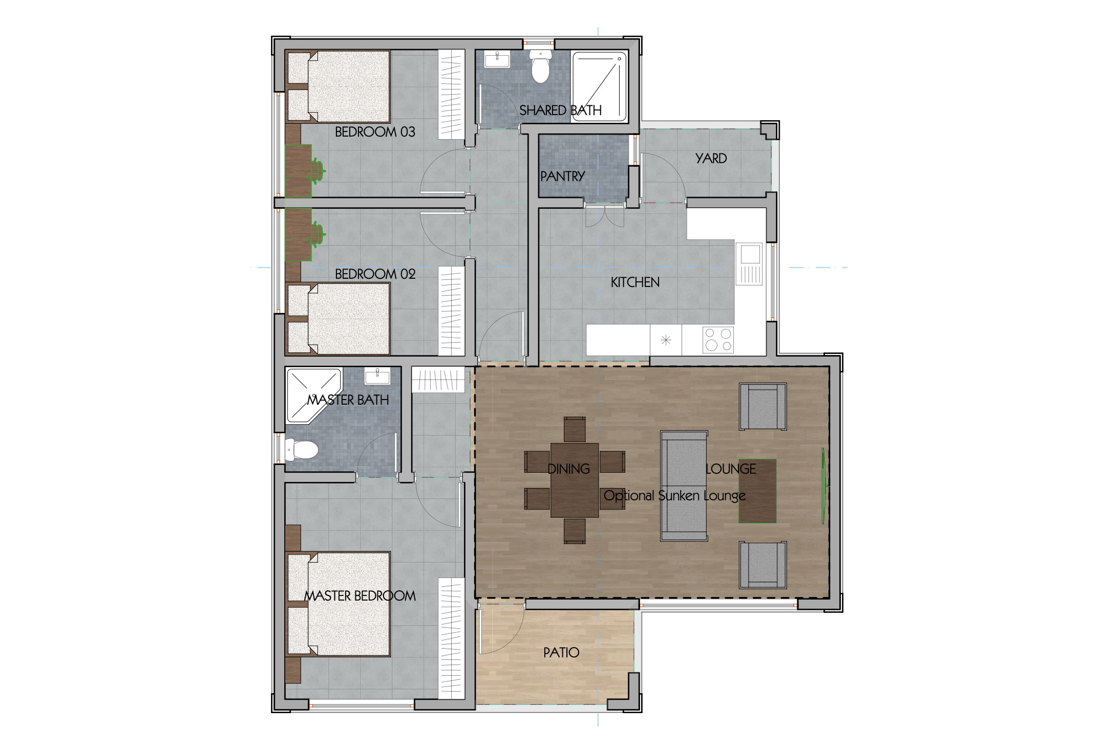 Architectural floor plan 3152 - 50 X100 -1.jpg for 3 Bedroom Bungalow ID - 3171 with 3 bedrooms and 2 bathrooms. ( bungalow )
