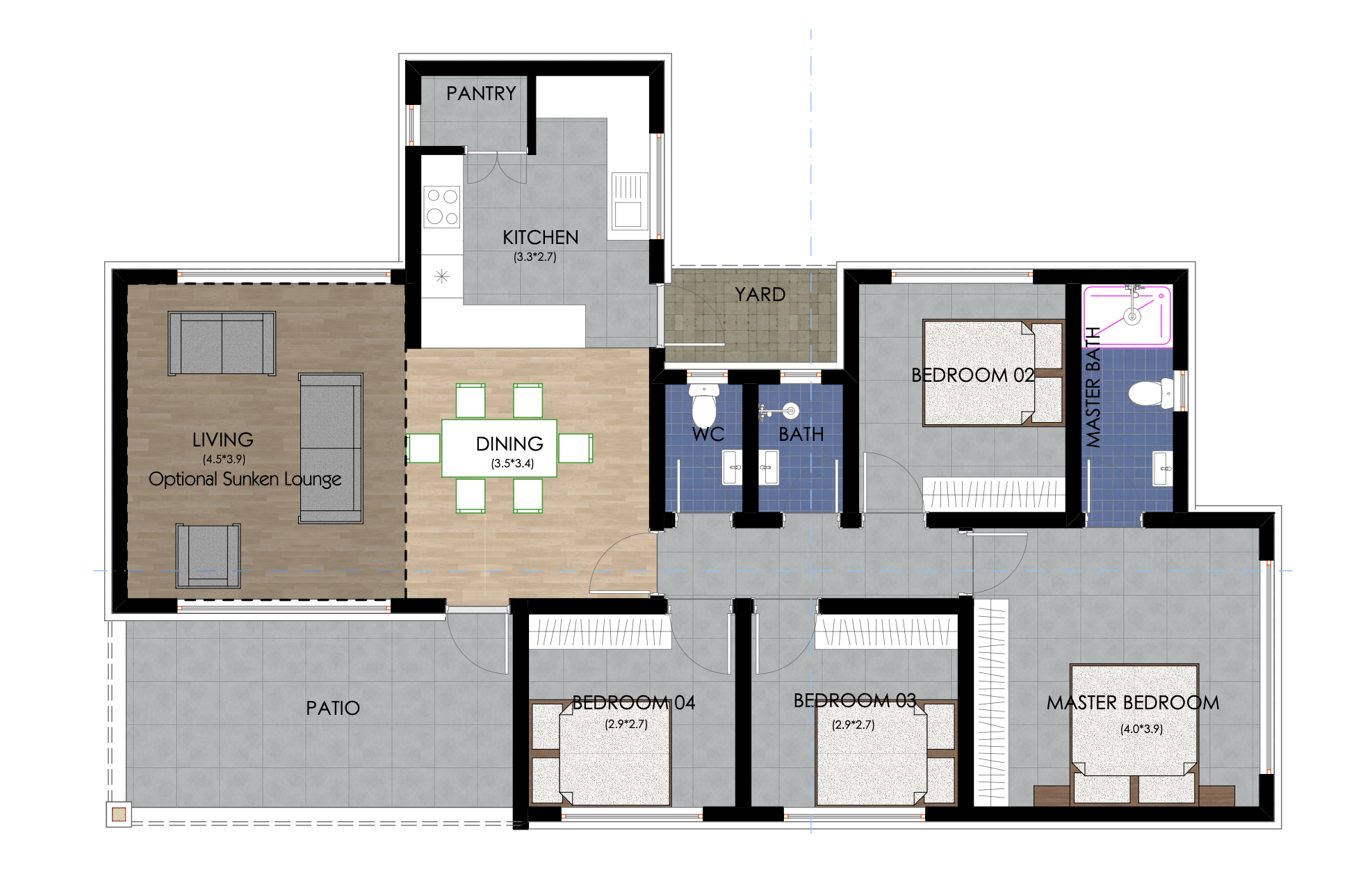 Architectural floor plan 4121 for 4 Bedroom Bungalow -ID 4121 with 4 bedrooms and 2 bathrooms. ( bungalow )