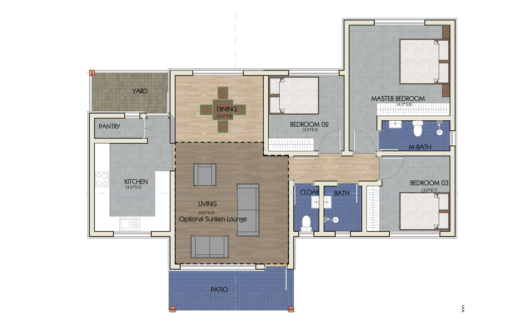 Architectural floor plan 3152 for 3 Bedroom Bungalow - ID 3152 with 3 bedrooms and 2 bathrooms. ( bungalow )