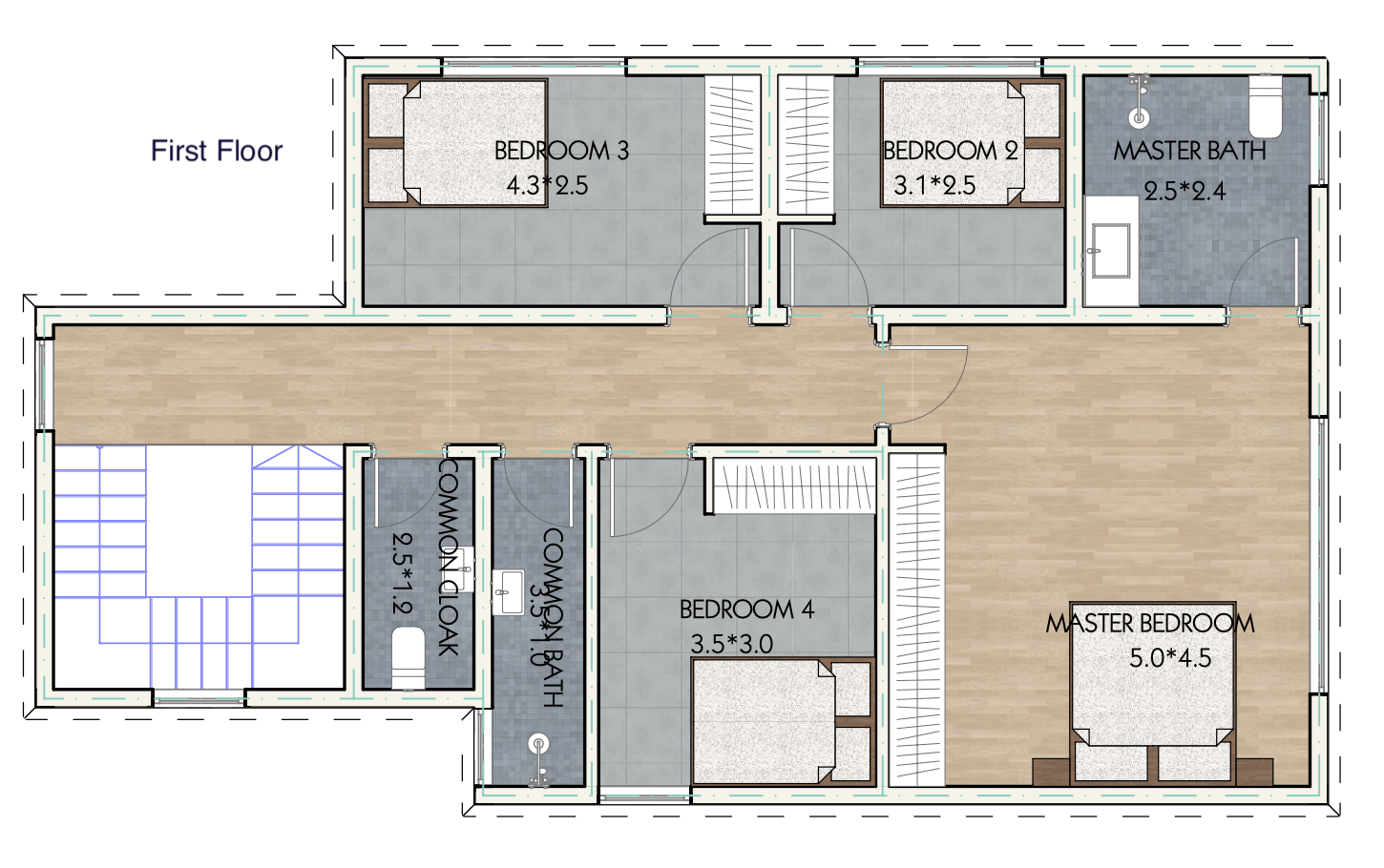 Architectural floor plan 4251 - First Floor for 4 Bedroom Maisonette - ID 4251 with 4 bedrooms and 2 bathrooms. ( maisonette )
