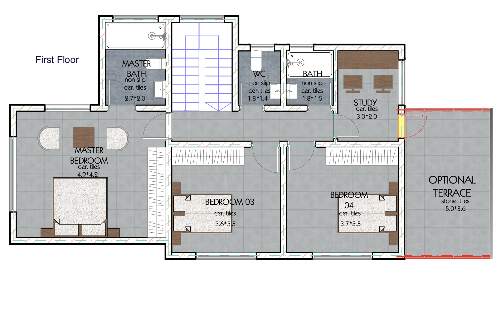 Architectural floor plan 4241 - First Floor for 4 Bedroom Maisonette - ID 4241 with 4 bedrooms and 3 bathrooms. ( maisonette )