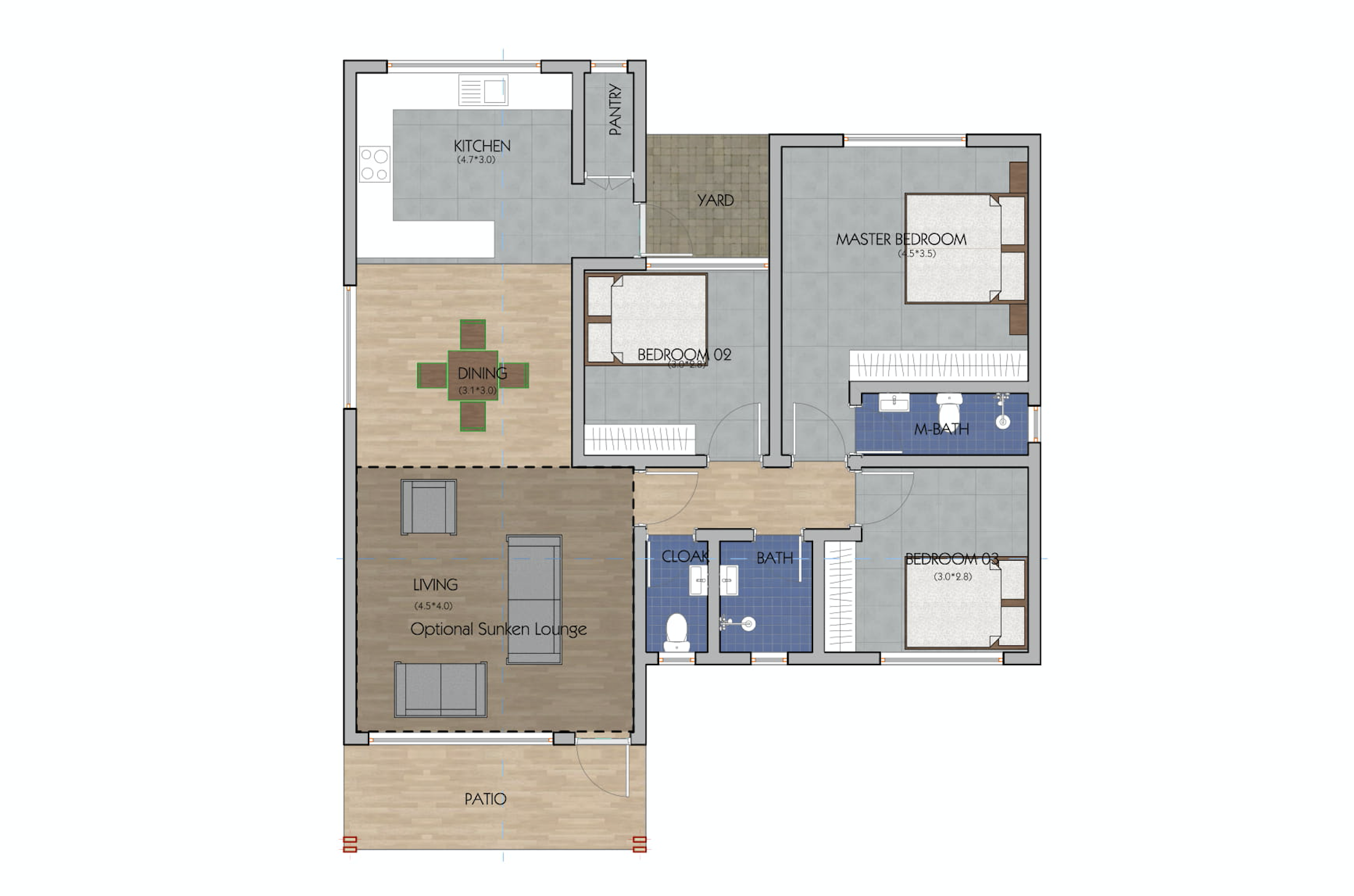 Architectural floor plan 3bed3141.jpg for 3 Bedroom Bungalow - ID 3141 with 3 bedrooms and 2 bathrooms. ( bungalow )