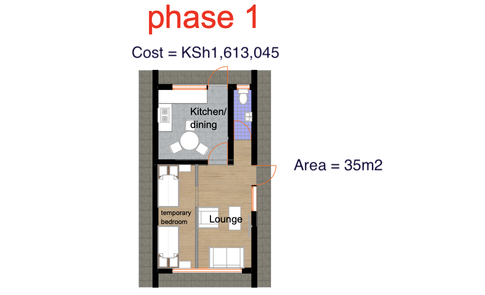 Architectural floor plan Phase 1 Rear for 4 Bedroom Jenga Pole Pole Bungalow - ID 4161 with 4 bedrooms and 3 bathrooms. ( jengapolepole )