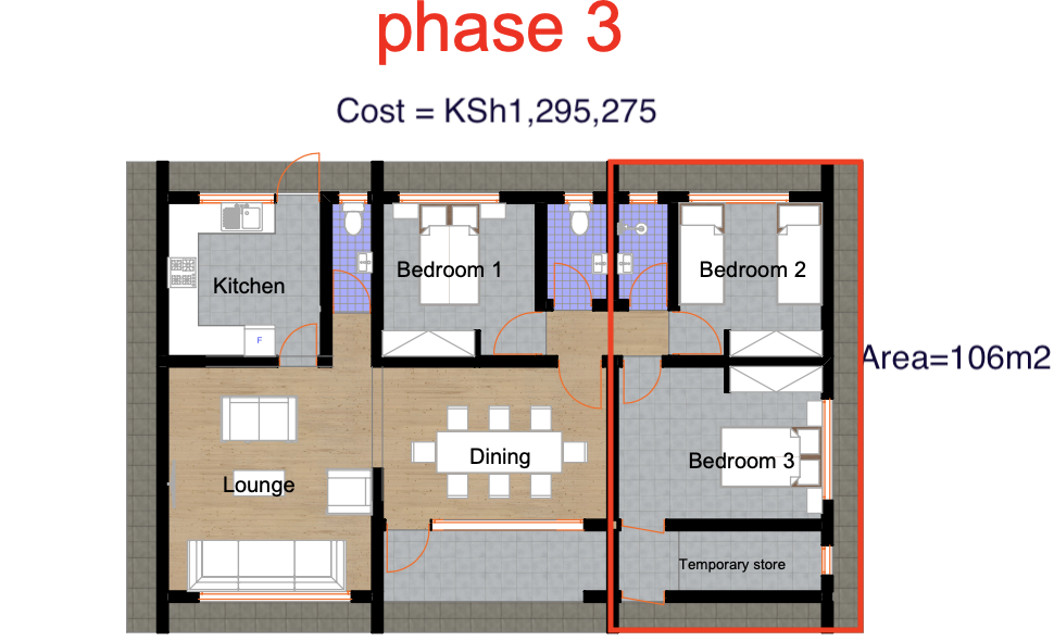 Architectural floor plan Phase 3 Rear for 4 Bedroom Jenga Pole Pole Bungalow - ID 4161 with 4 bedrooms and 3 bathrooms. ( jengapolepole )