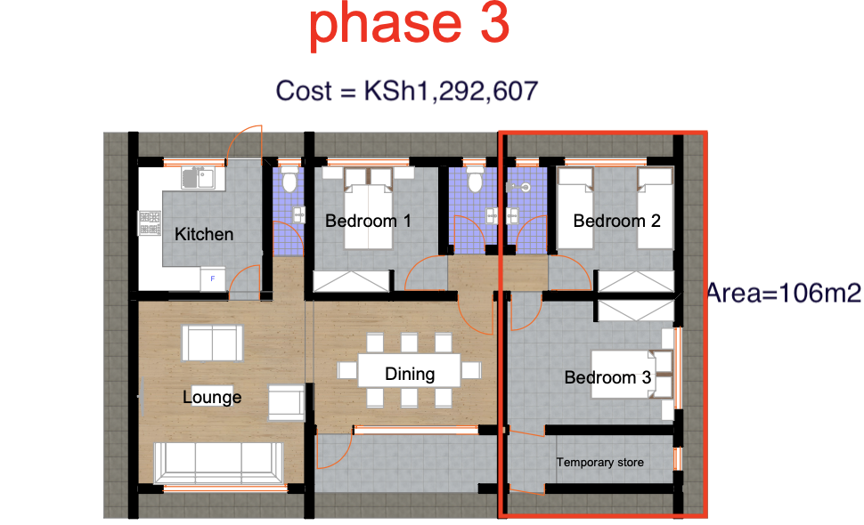 Architectural floor plan 4171 Phase 3 for 4 Bedroom Jenga Pole Pole Bungalow - ID 4171 with 4 bedrooms and 2 bathrooms. ( jengapolepole )