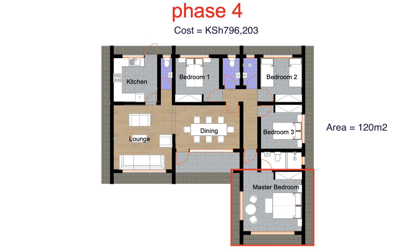 Architectural floor plan 4171 Phase 4 for 4 Bedroom Jenga Pole Pole Bungalow - ID 4171 with 4 bedrooms and 2 bathrooms. ( jengapolepole )