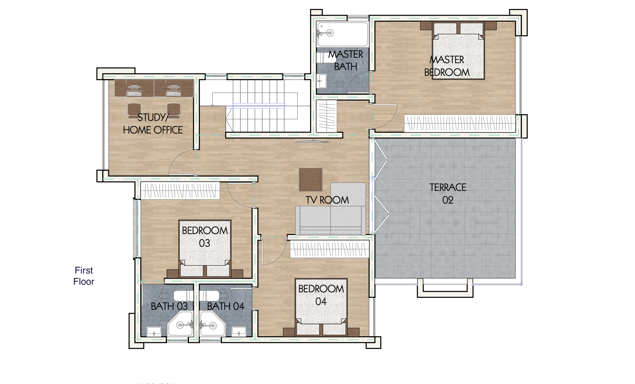 Architectural floor plan 4291 first floor for 4 Bedroom Maisonette - ID 4291 with 4 bedrooms and 4 bathrooms. ( maisonette )