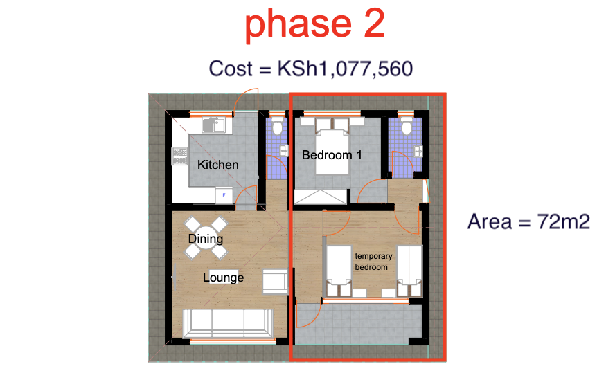 Architectural floor plan Phase 2 Rear for 4 Bedroom Jenga Pole Pole Bungalow - ID 4161 with 4 bedrooms and 3 bathrooms. ( jengapolepole )