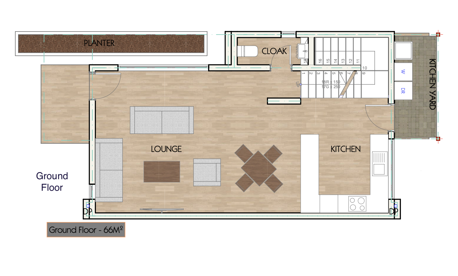 Architectural floor plan Ground floor 3281.png for 3 Bedroom Maisonette - ID 3281 with 3 bedrooms and 2 bathrooms. ( maisonette )
