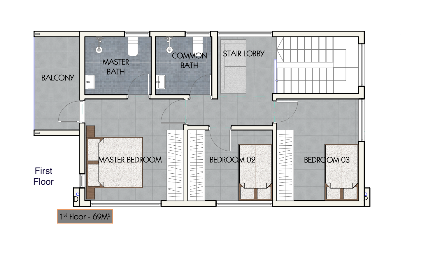 Architectural floor plan First floor 3281.png for 3 Bedroom Maisonette - ID 3281 with 3 bedrooms and 2 bathrooms. ( maisonette )