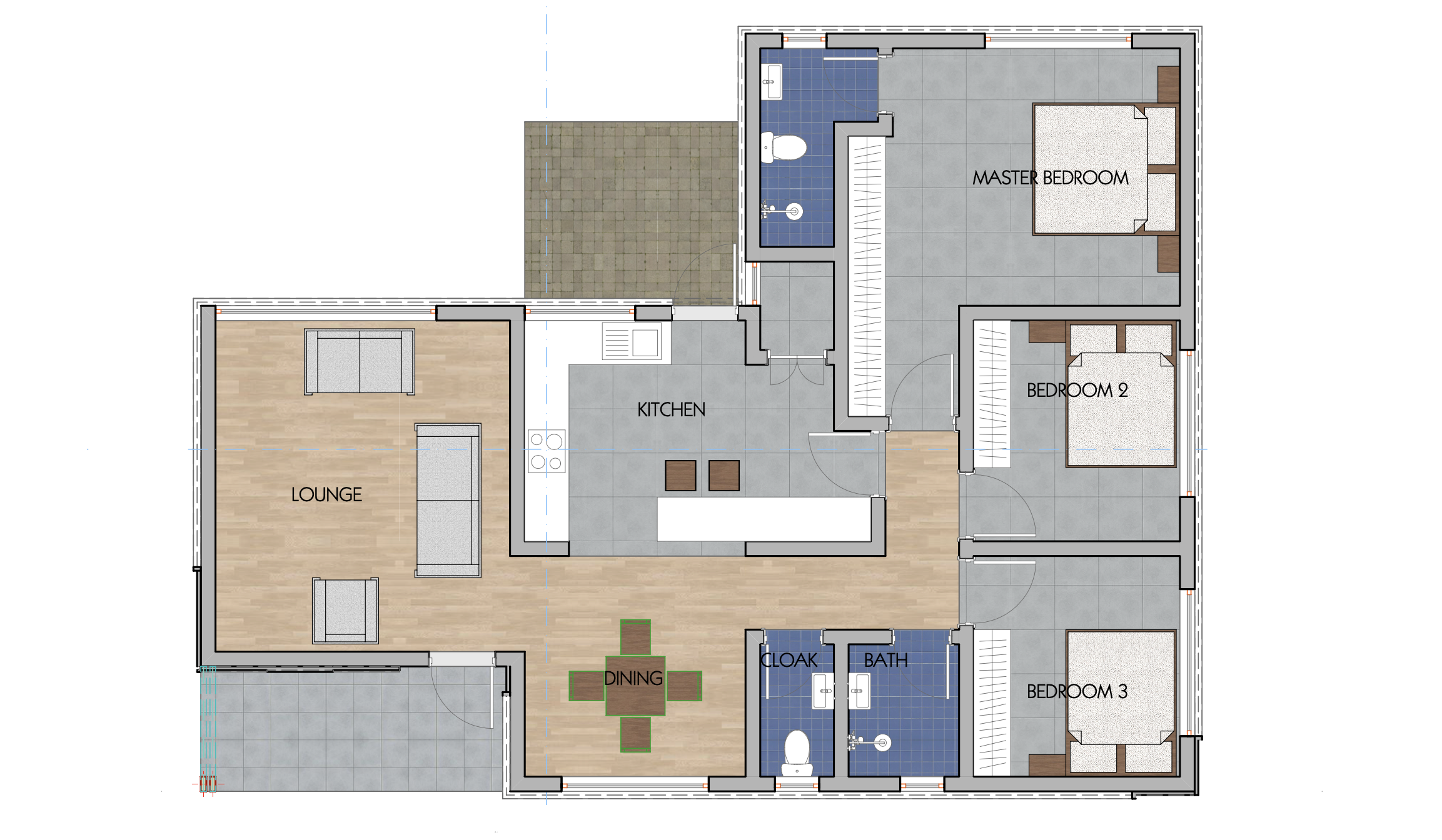 Architectural floor plan 3110 Floor Plan for 3 Bedroom Bungalow - ID 3110 with 3 bedrooms and 2 bathrooms. ( bungalow )
