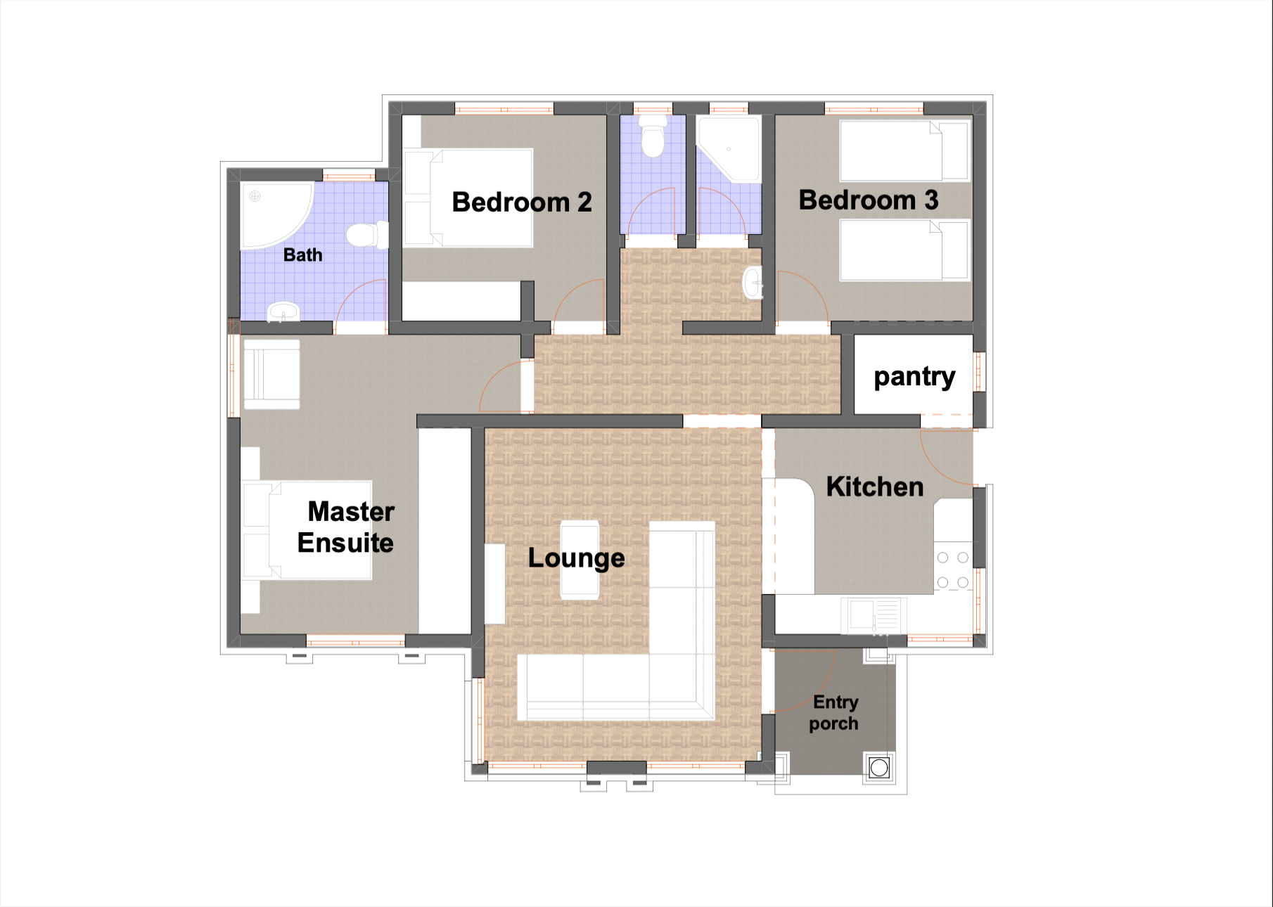 Architectural floor plan Floor Plan NACHU Bungalow for NACHU Bungalow with 3 bedrooms and 1 bathrooms. ( bungalow )