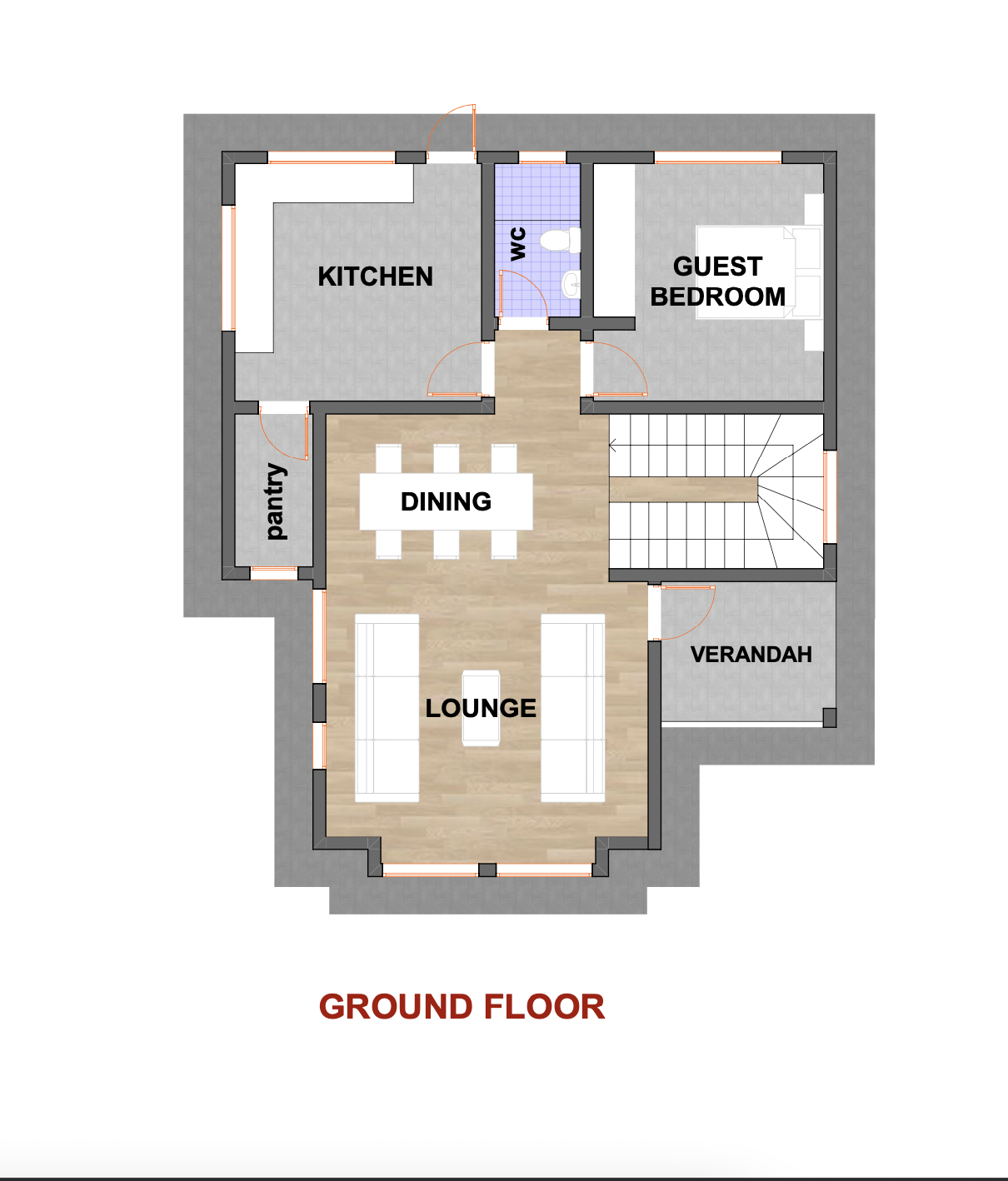 Architectural floor plan Ground Flour for NACHU Maisonette Flat with 4 bedrooms and 3 bathrooms. ( maisonette )