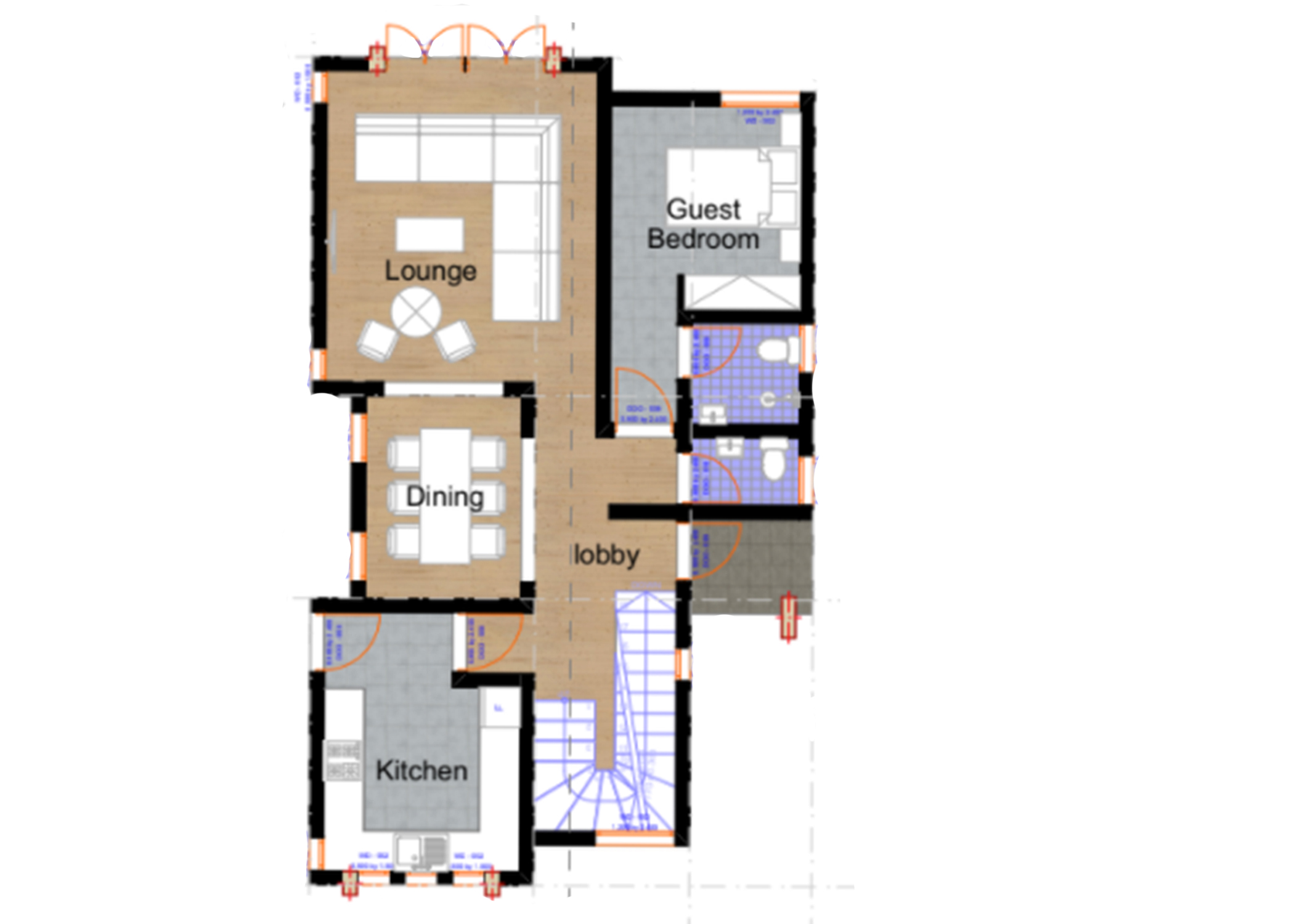 Architectural floor plan Ground floor for 4 Bedroom Maisonette- ID 42111 with 4 bedrooms and 4 bathrooms. ( maisonette )