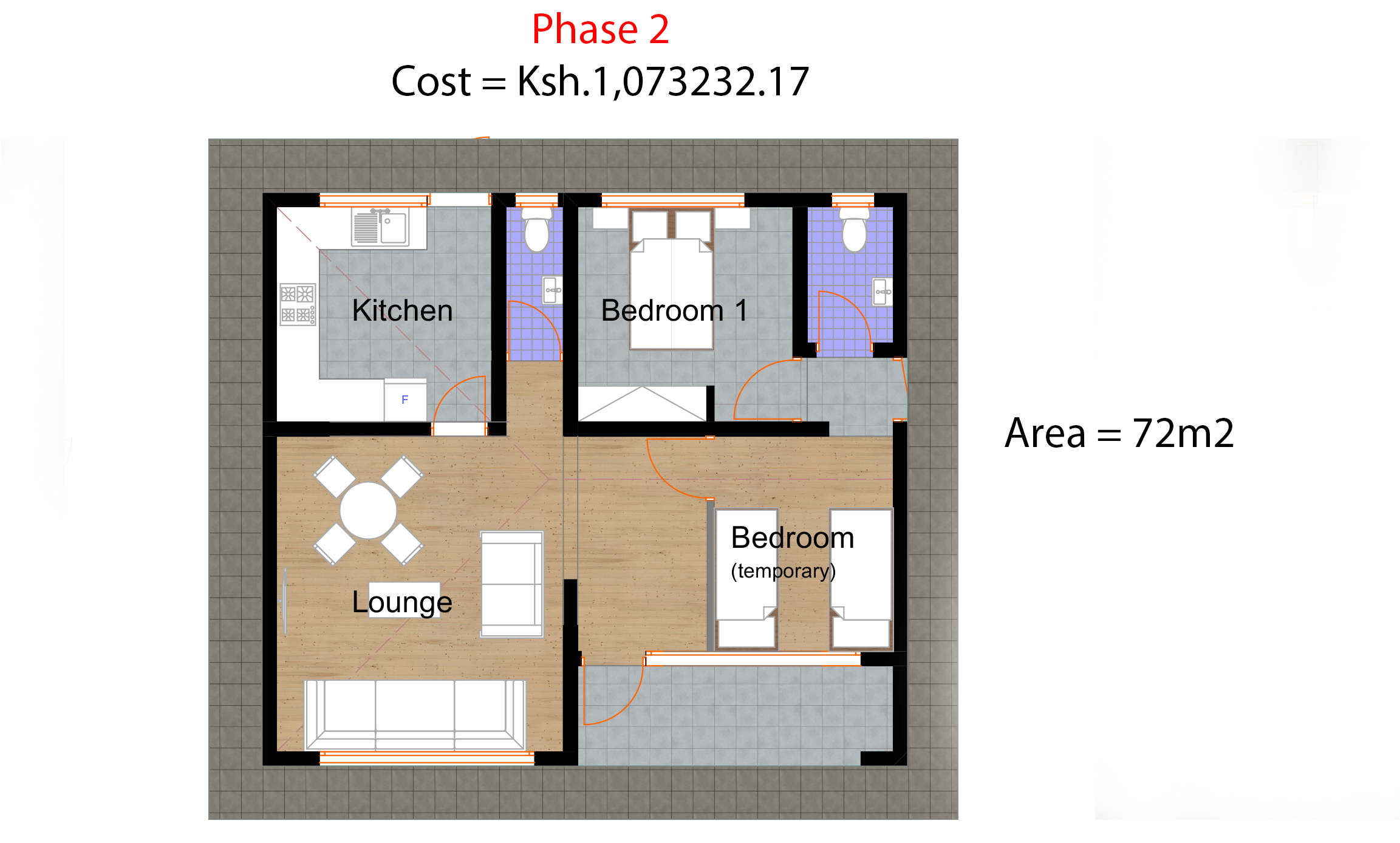Architectural floor plan phase2plan.png for 3 Bedroom Bungalow - ID 31101 with 3 bedrooms and 2 bathrooms. ( jengapolepole )
