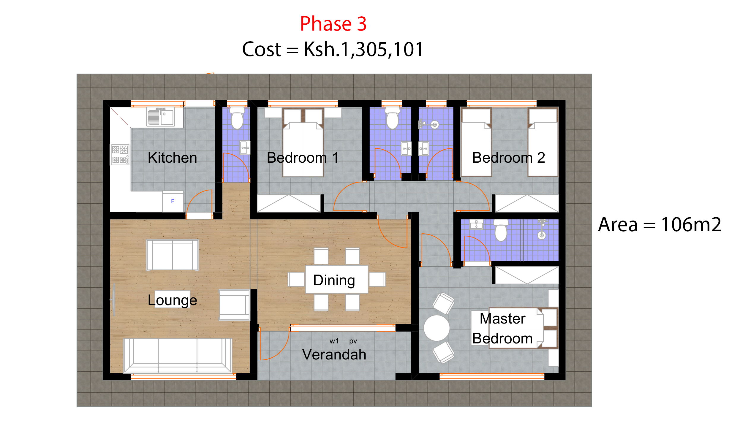 Architectural floor plan phase3plan.png for 3 Bedroom Bungalow - ID 31101 with 3 bedrooms and 2 bathrooms. ( jengapolepole )